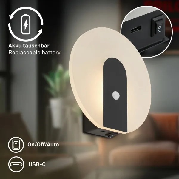 Briloner 3889015 - TARO tölthető LED fali lámpa érzékelővel, 2,5 W/5 V, 1800 mAh, fekete