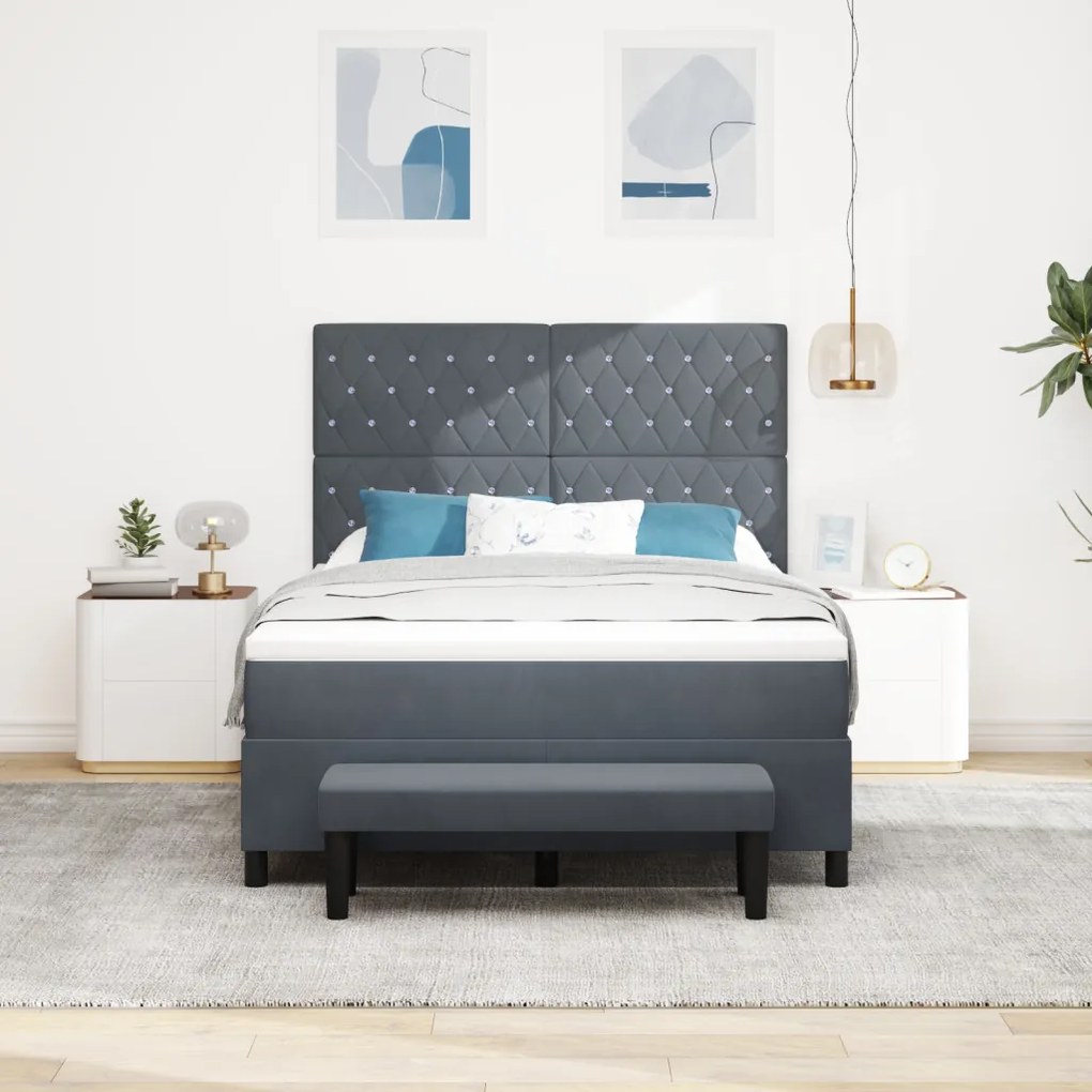 Box Spring Ágy Matraccal és Pad Sötét Szürke 160x200 cm Bársony