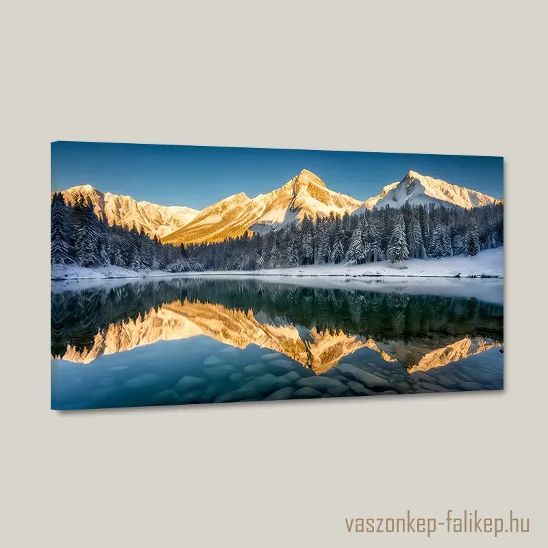 Havas hegycsúcsok tüköröződése a tóban tájkép – Prémium nyugalom otthonra 60x34 cm