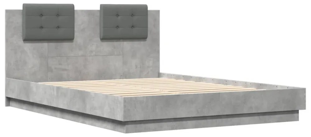betonszürke ágykeret fejtámlával és LED-világítással 140x200 cm