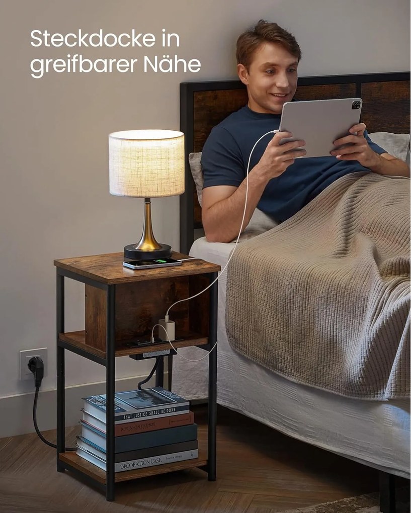 Oldalsó asztal, éjjeliszekrény, usb port bemenettel, barna/fekete