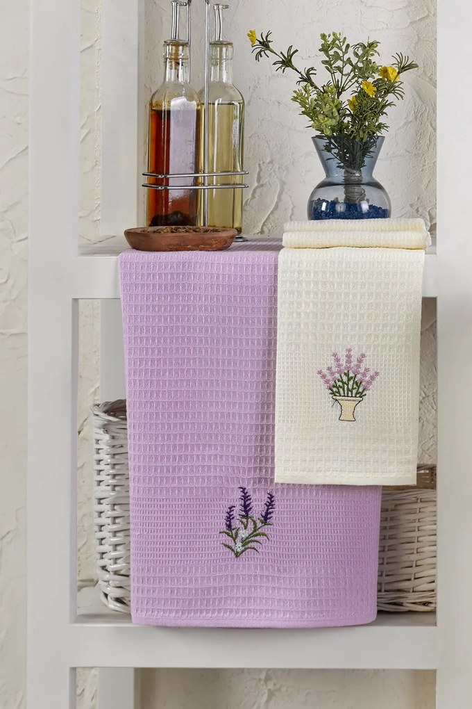6 részes hímzett pamut konyharuha szett 40 × 60 cm, levendula