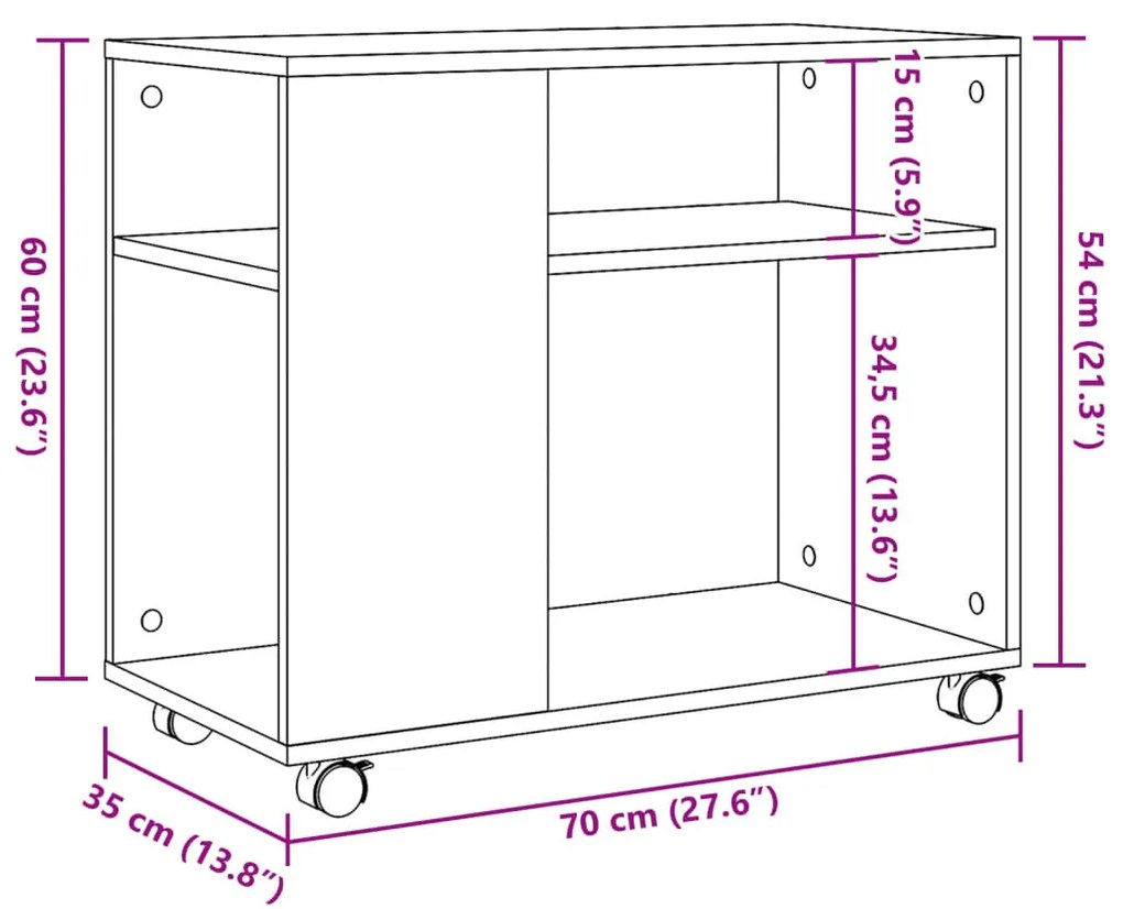 antik fa színű szerelt fa kisasztal kerekekkel 70 x 35 x 60 cm