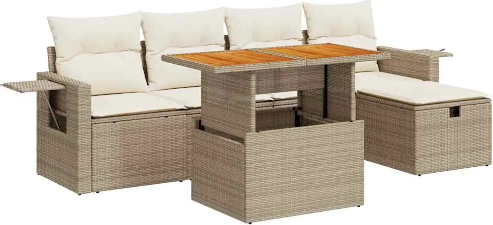 vidaXL 6 részes bézs polyrattan akácfa kerti ülőgarnitúra párnával