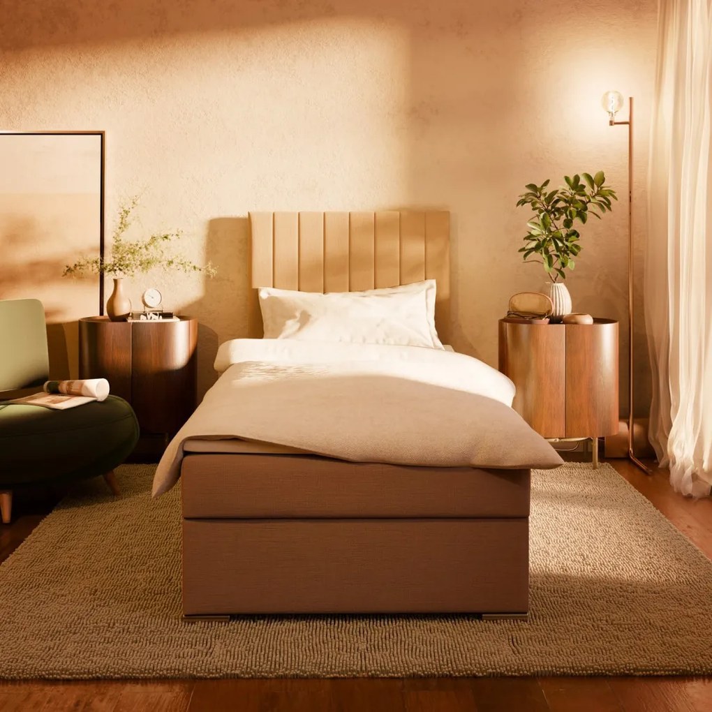 Agen egyszemélyes ágy, szövet, ágyneműtartóval, bézs