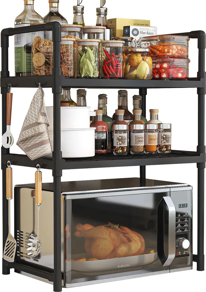 Konyhai Polc mikrohullámú sütő alá Organizer Szekrény Fekete 3szintes 48cm Könyvespolc