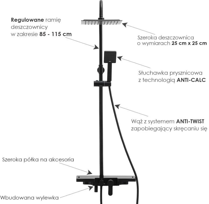 Erga Oslo, zuhanygarnitúra karos csapteleppel és polccal, fekete matt, ERG-YKA-BP.OSLO-25-BLK