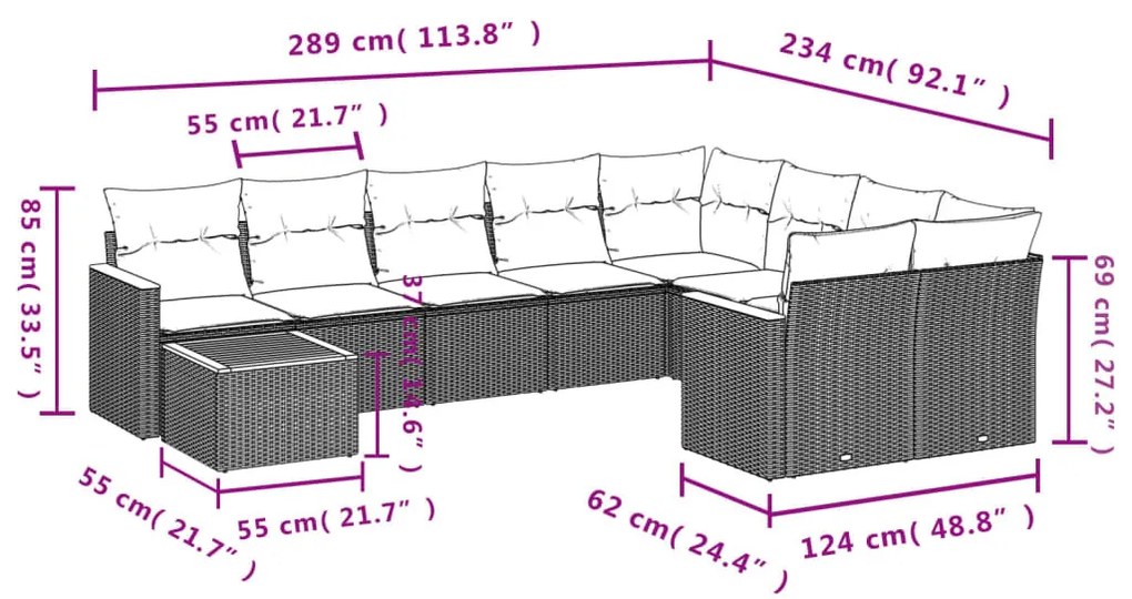 10 részes fekete polyrattan kerti ülőgarnitúra párnákkal