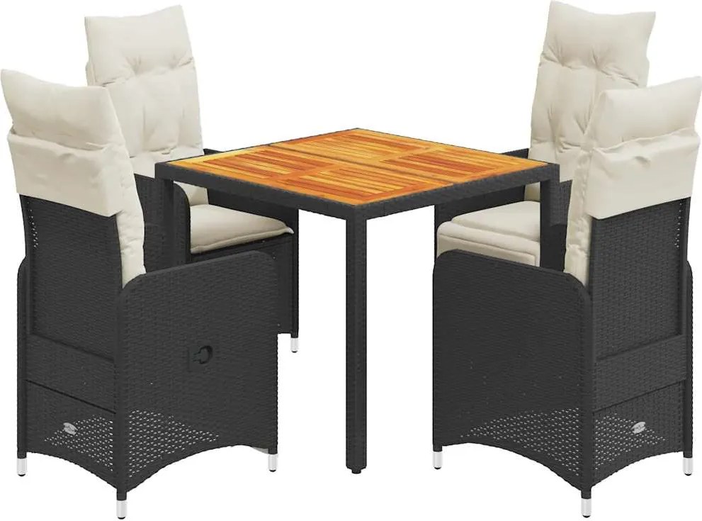 vidaXL 5 részes fekete polyrattan kerti bisztrógarnitúra párnákkal