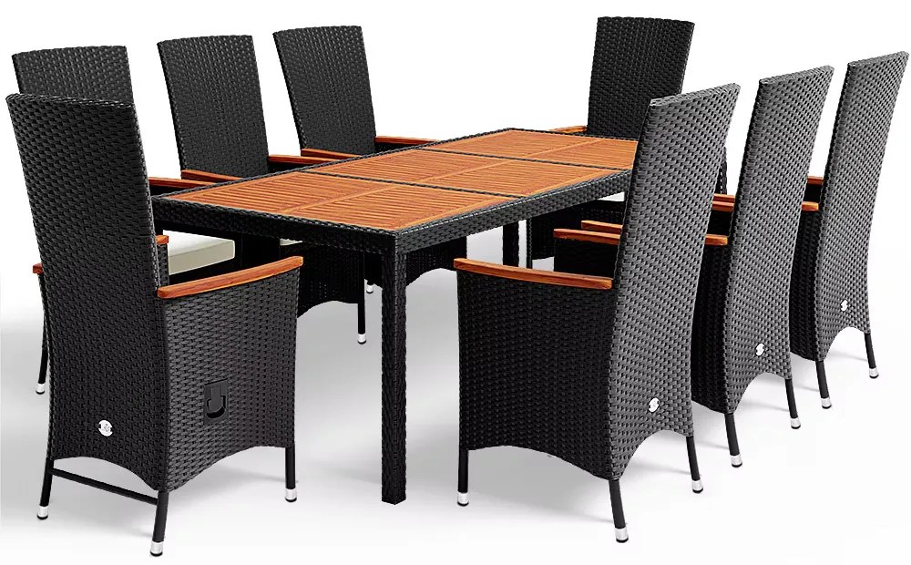 Deuba Berlin 1+8 polyrattan kerti bútor szett, állítható - fekete/fa