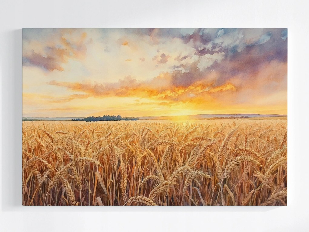 Vászonkép Canvas Tájkép Falu Mező Gabona Aratás Nyugat Nap 120x80