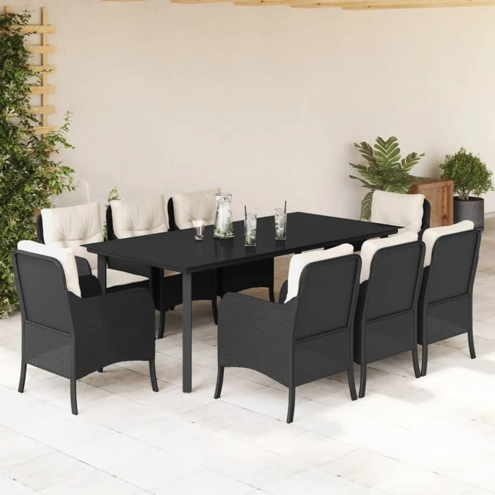 9 részes fekete polyrattan kerti étkezőgarnitúra párnákkal