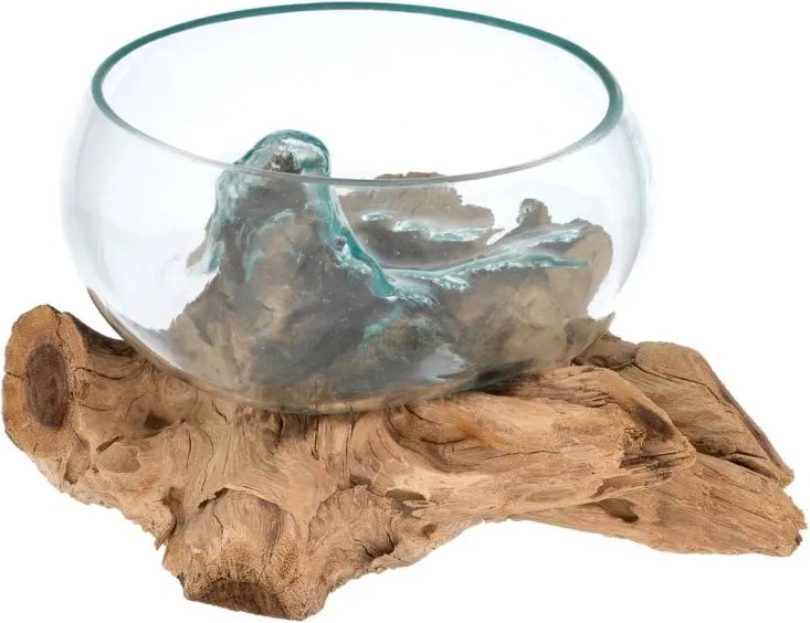 Teakfára fújt üvegtál 20 cm
