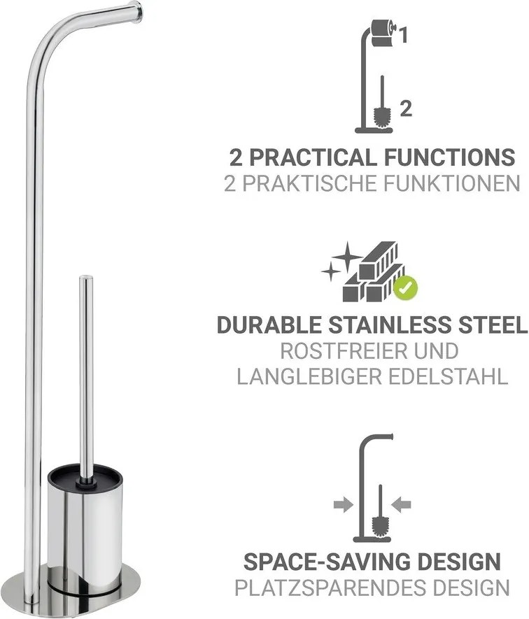 Fényes ezüstszínű rozsdamentes acél WC-papír tartó állvány WC-kefével Levante – Wenko
