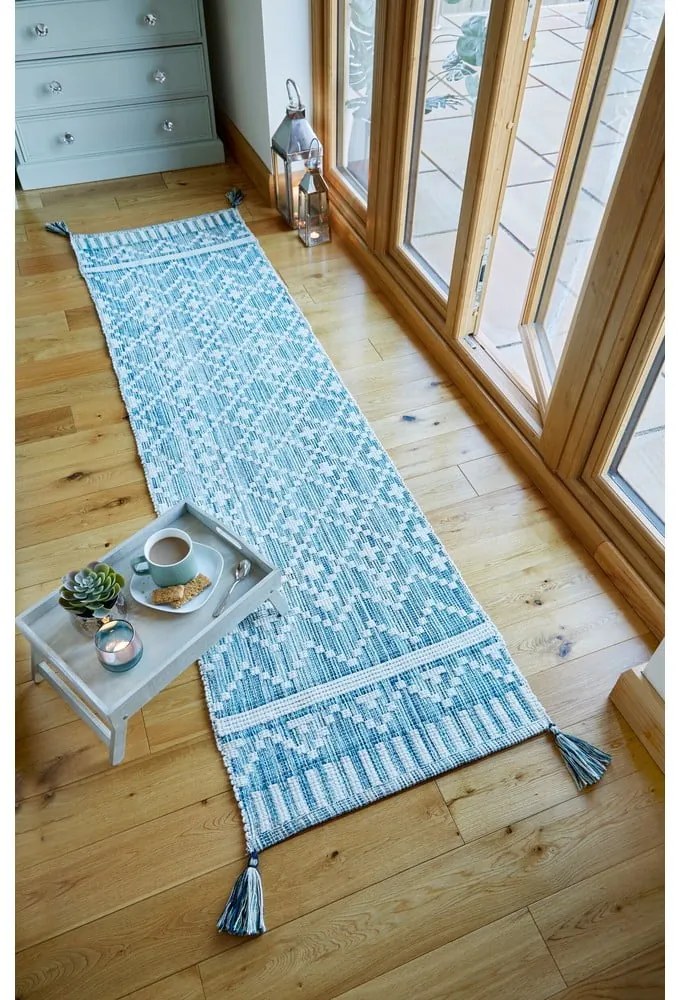 Leela bézs-kék pamut futószőnyeg, 60 x 200 cm - Flair Rugs