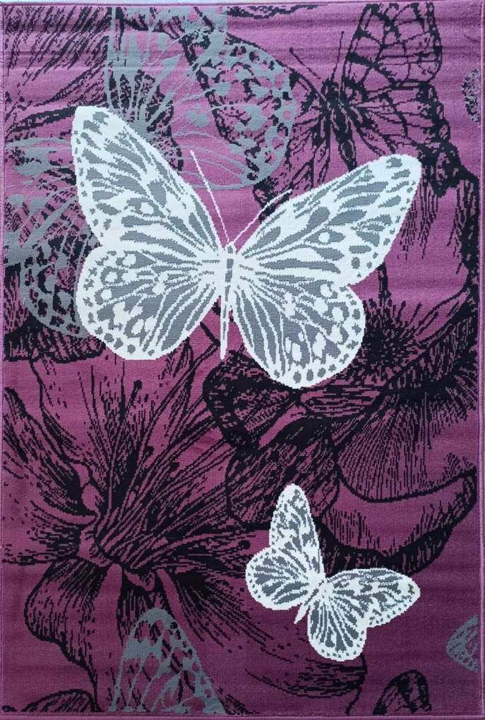 Gyerekszőnyeg 120x170cm ,lila krémszínű pillangós puha rövid haj