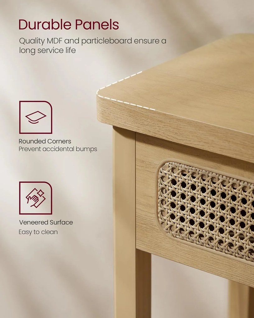 Konzol asztal 2 fiókkal, boho stílusú keskeny asztal, tölgy bézs