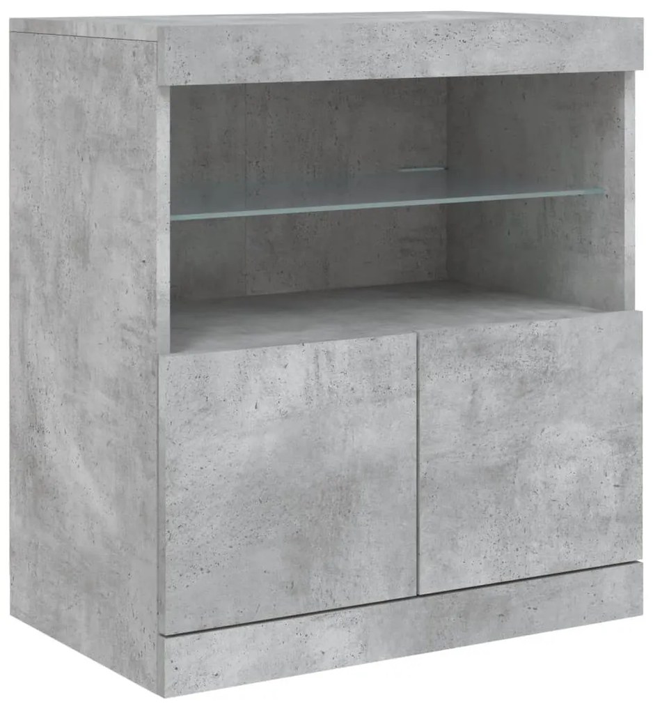 betonszürke tálalószekrény LED-világítással 142,5 x 37 x 67 cm