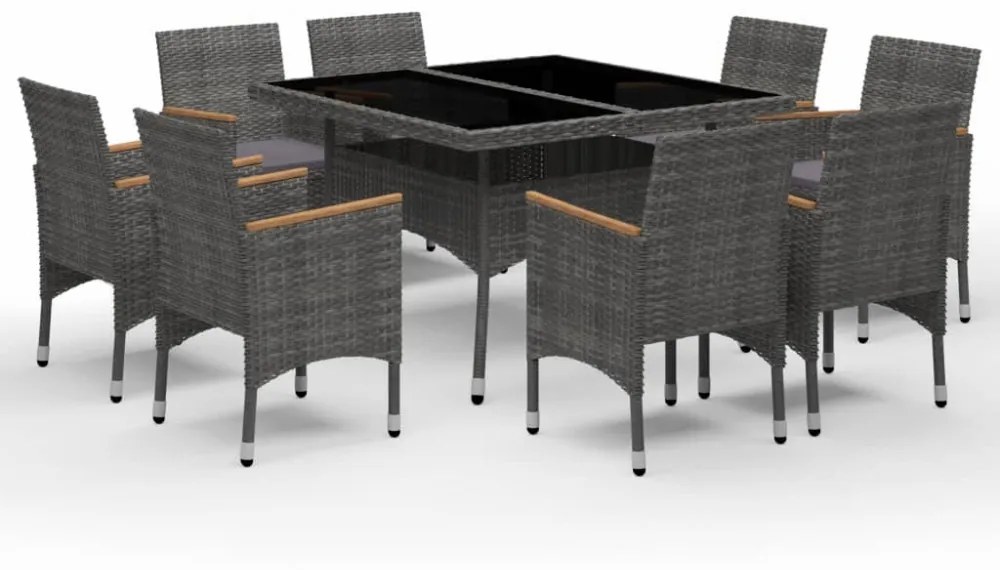 9 részes szürke polyrattan és akácfa kerti étkezőgarnitúra