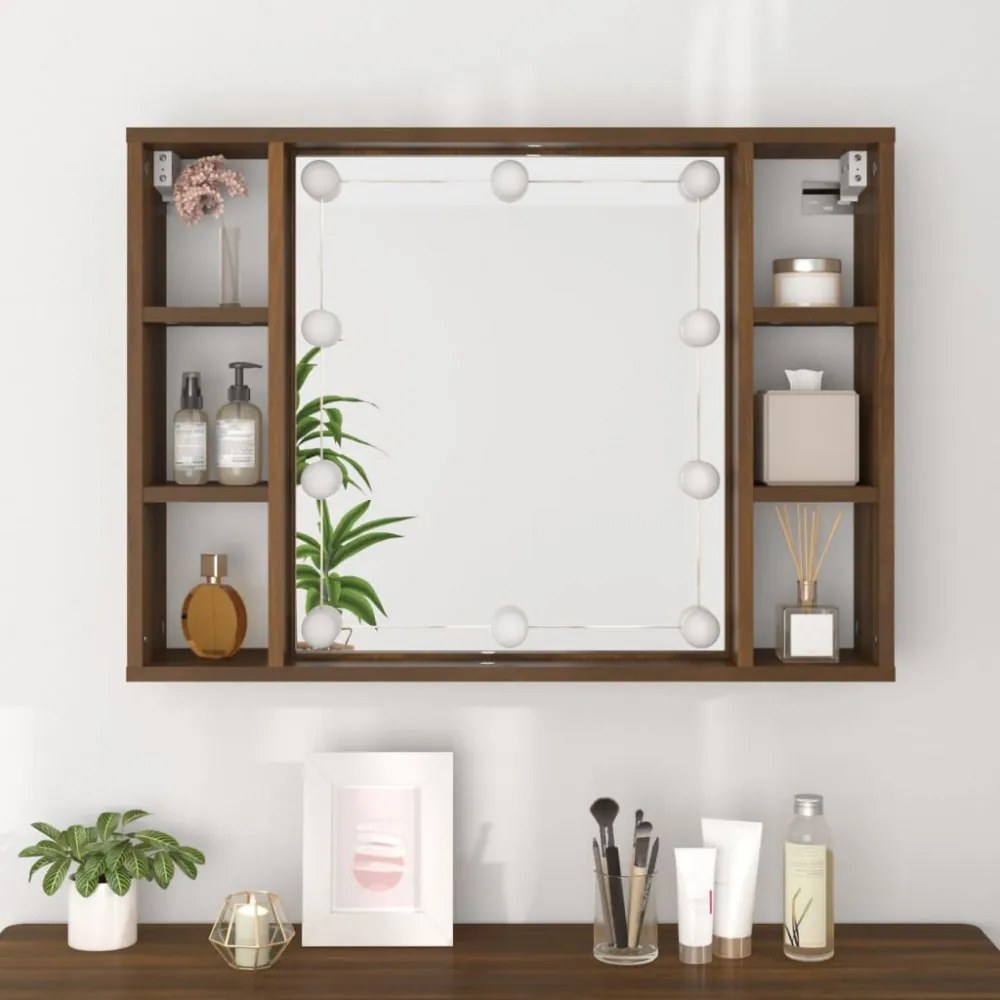 barna tölgyszínű tükrös szekrény LED-ekkel 76 x 15 x 55 cm