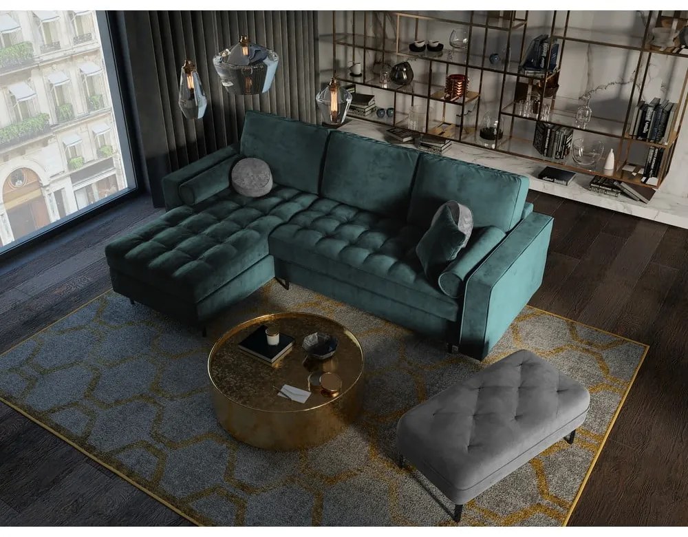 Santo olajzöld kinyitható bársony sarokkanapé, bal oldali - Milo Casa