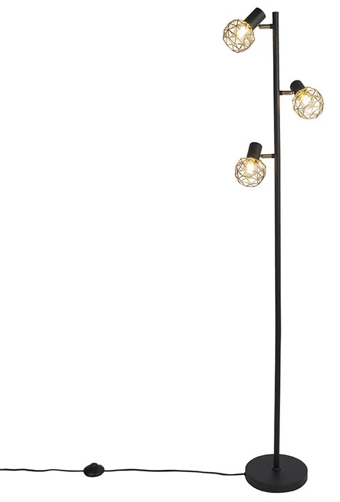 Design állólámpa fekete arannyal 3-lámpás állítható - Mesh
