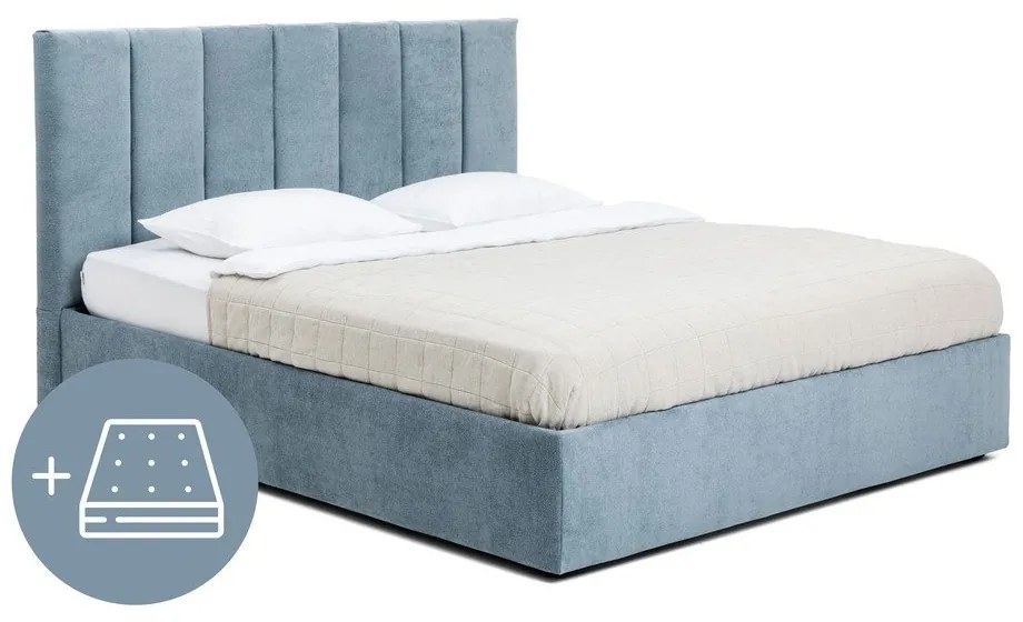 Kék kárpitozott ágyneműtartós franciaágy matraccal, ágyráccsal 180x200 cm Thessa Bold Line – Bonami Selection