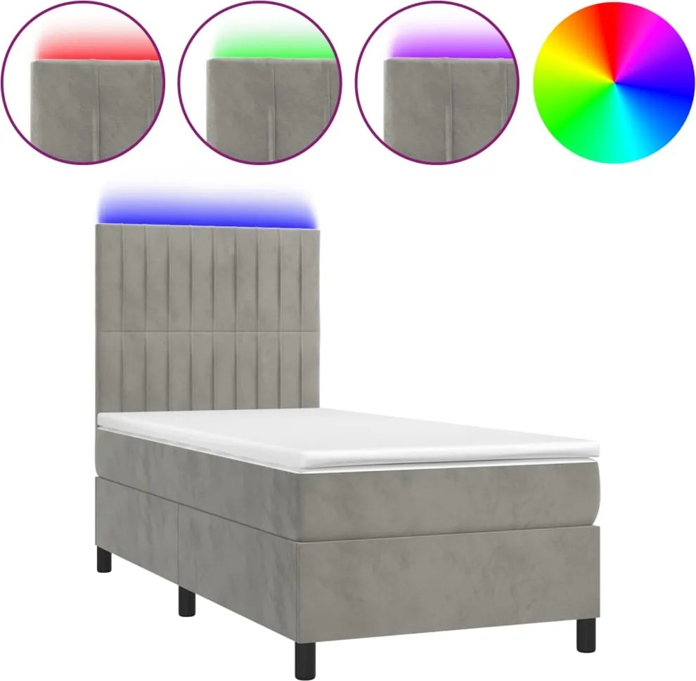 vidaXL világosszürke bársony rugós és LED-es ágy matraccal 100x200 cm