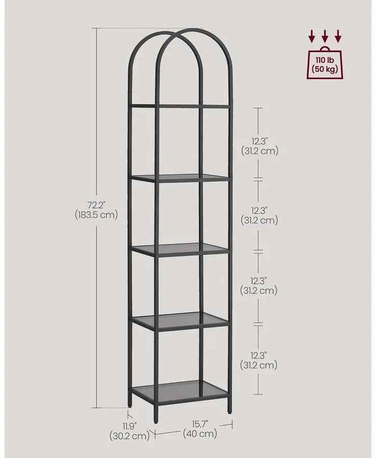 Könyvespolc, 5 szintes, edzett üvegből készült állópolc, fekete és szürke