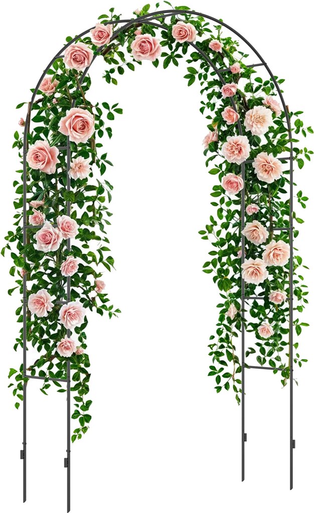 Outsunny Fém Rózsa Ív Kerti Trellis Mászó Növényekhez, Hegyes Kialakítású Fém Struktúrájú Arbor Trellis Rózsákhoz, Kerti Ív 140 x 40 x 240 cm Fekete |