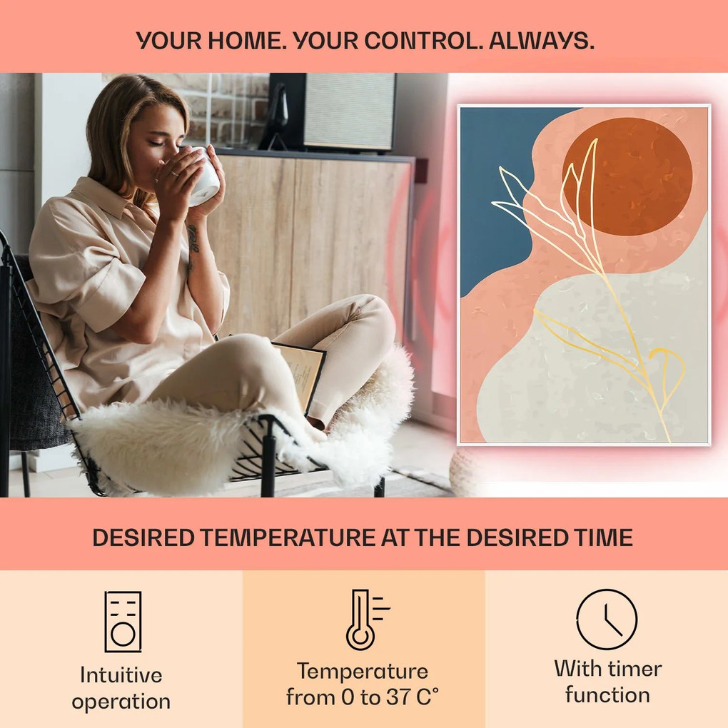 Klarstein Wonderwall Air Art, infravörös smart hősugárzó, 60 x 80 cm, 500 W, fali installáció, applikációval vezérelhető, arany vonalak