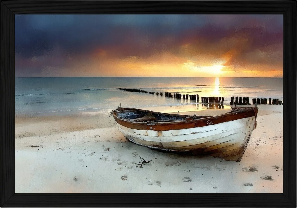 Poszter Keret Fa Csónak Tenger Naplemente Balti Tengerpart 60x40