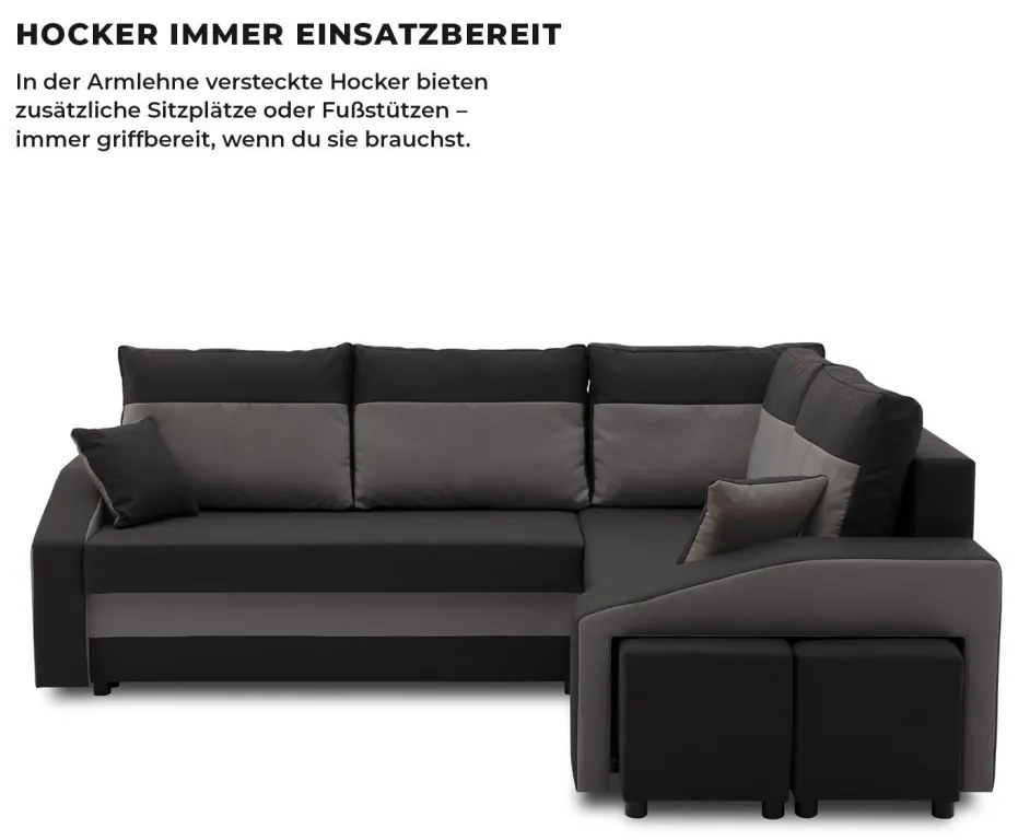 Grande sarokkanapé polcokkal és puffokkal , polc a bal karfaban puffok a jobb karfaban, jobboldali, szövet anyag, bonell töltet, fekete - szürke
