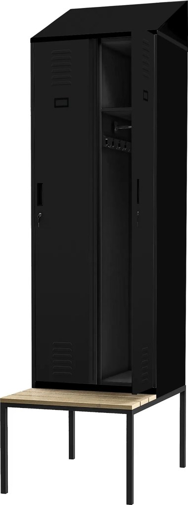 Fém öltözőszekrény paddal és tetővel KACPER II PRO, 600 x 2295 x 850 mm, fekete