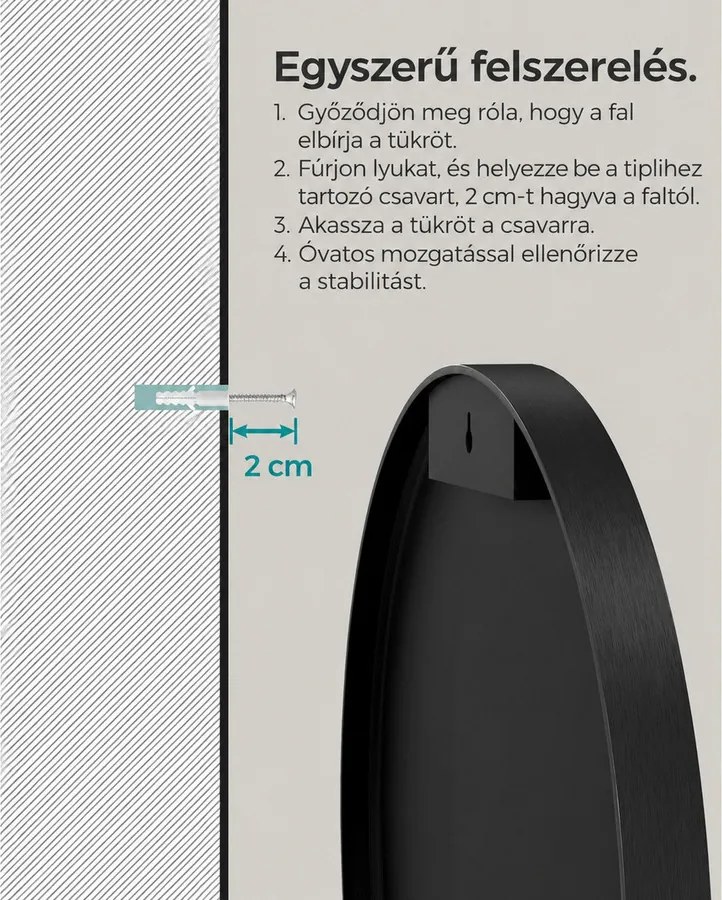 Modern fali tükör, kerek tükör, 61 cm átmérő, fekete