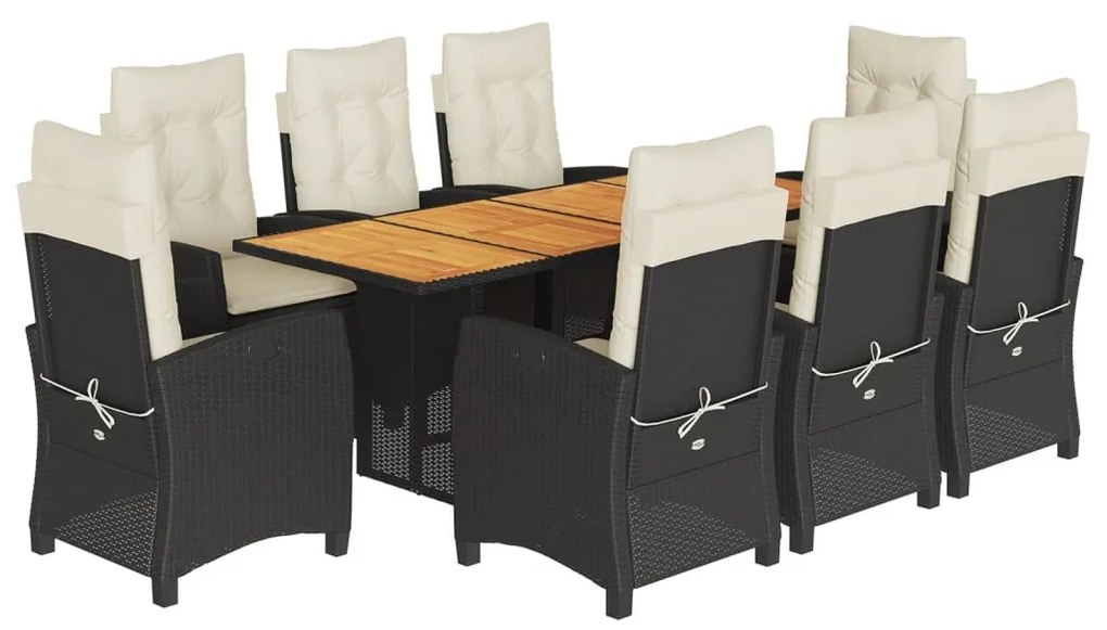 9 részes fekete polyrattan kerti étkezőgarnitúra párnákkal