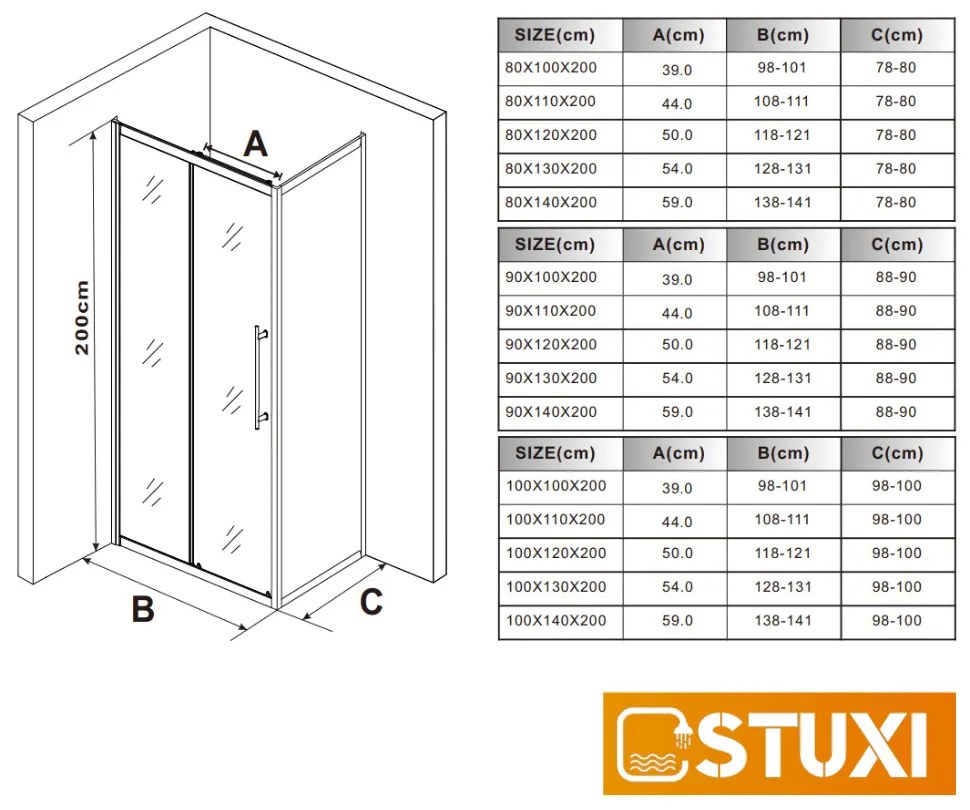 Stuxi Nizza Black 100x90 aszimmetrikus szögletes tolóajtós zuhanykabin 6 mm vízlepergető biztonsági üveggel, fekete elemekkel, 200 cm magas