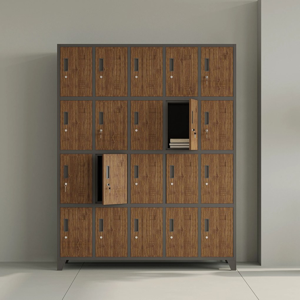 20 rekeszes, lábakon álló szociális szekrény, antracit/dió, 1360x1720x450 mm: ROBERT Eco Design