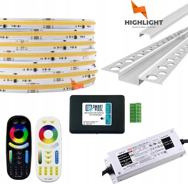 10m Homlokzati szett Led szalag digitális Cob Cct 11W 24V IP65+Profil Ezüst