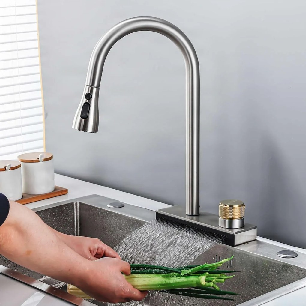 Konyhai csaptelep EYN KW1599 kihúzható, több vízsugaras zuhanyfejjel és széles vízeséses kifolyóval, több színváltozatban — Matt fekete
