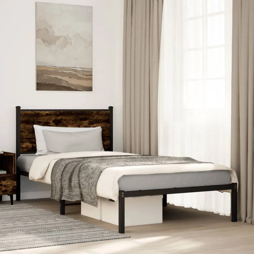 füstös tölgy színű fém ágykeret matrac nélkül 100 x 200 cm