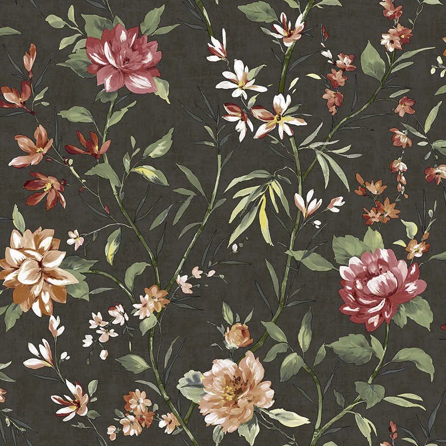 Holden Decor Journey to the East Sazanka fekete virágos vlies tapéta – 91852