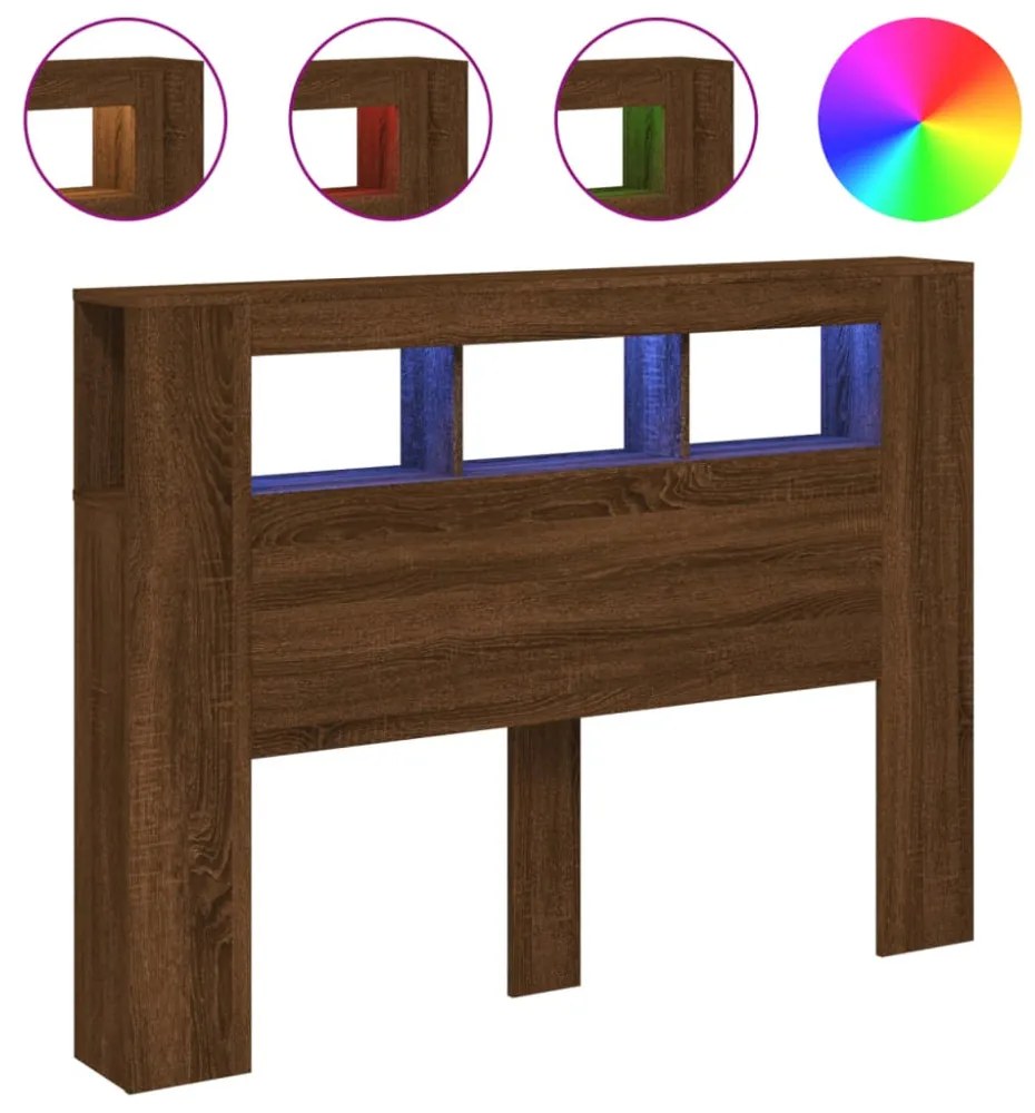 barna tölgyszínű szerelt fa LED-es fejtámla 140x18,5x103,5 cm
