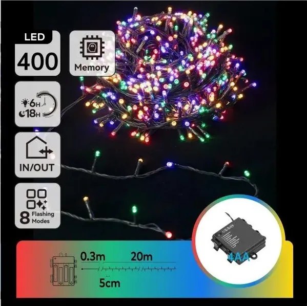 Aigostar - LED kültéri fényfüzér 400xLED/8 funkciós 4xAA 20,3 m többszínű