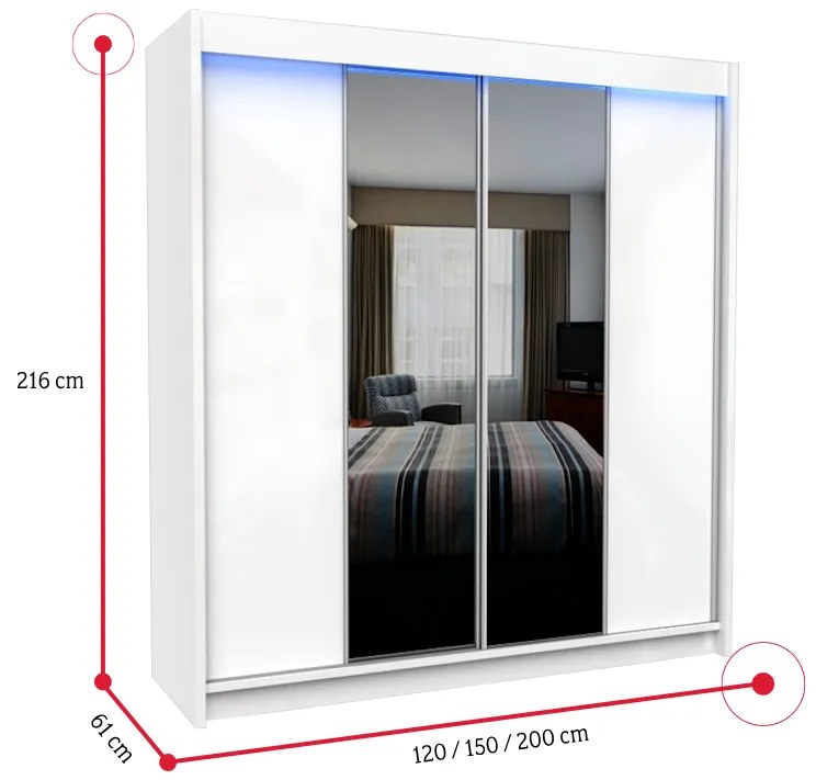 TOMASO tolóajtós ruhásszekrény tükörrel, fekete, 120x216x61