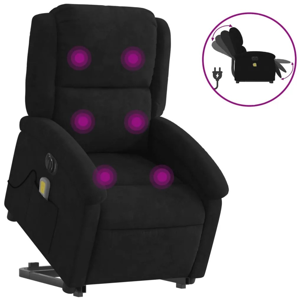 elektromos felállást segítő fekete bársony masszázsfotel
