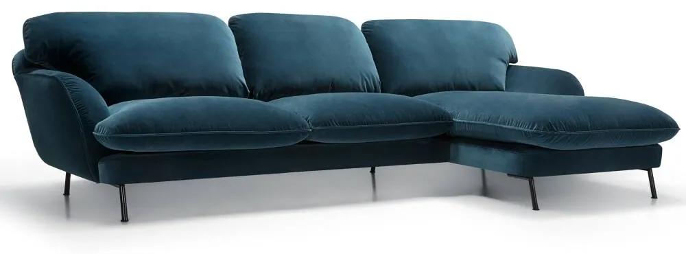 Fiona jobb ottomános kanapé, kék bársony, fekete fém láb