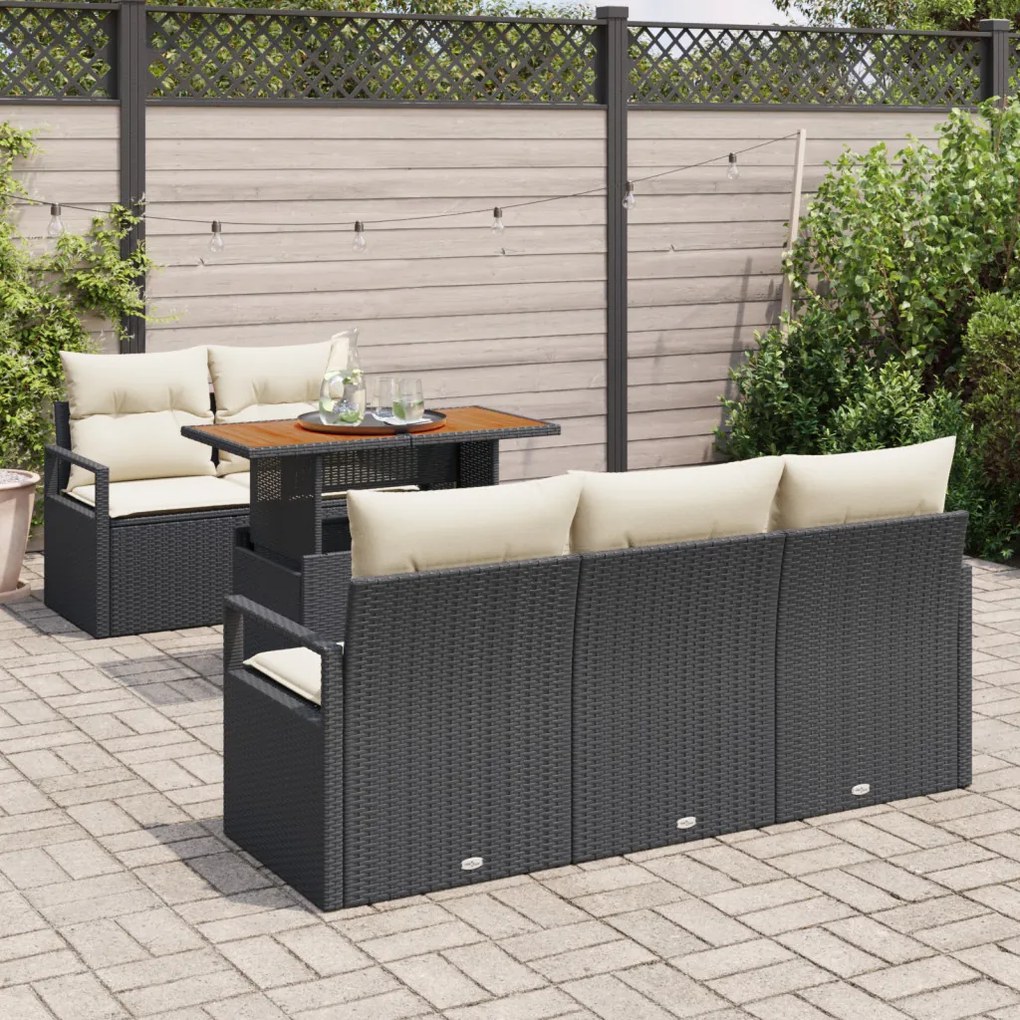 6 Részes Kerti Kanapé Szett Párnákkal Fekete Poly Rattan