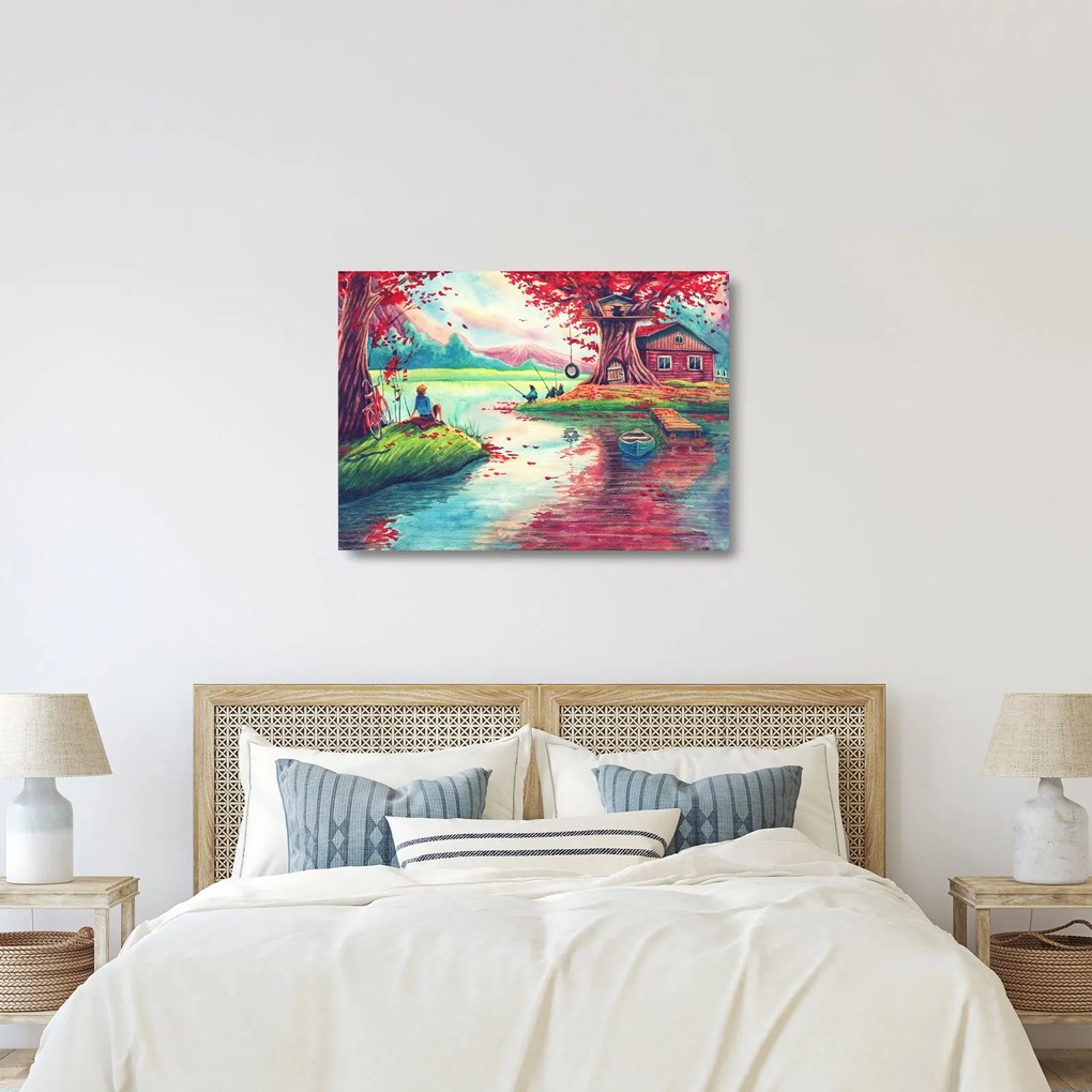 Kép - akvarell, Öböl egy hegyi faluban (üvegen) (70x50 cm)