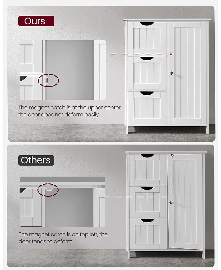 Szabadon álló ajtós, 3 fiókos szekrény, fehér 60x30x81cm